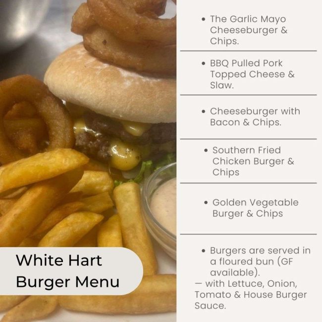 Burger choices at The White Hart Inn at Trudoxhill, Near Frome, Traditional 17th century pub, famous for good homecooked food, real ale, fine wines and good company Burger choices at The White Hart Inn at Trudoxhill, Near Frome, Traditional 17th century pub, famous for good homecooked food, real ale, fine wines and good company