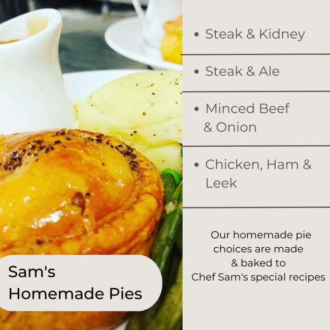 Sam's home baked pie choices at The White Hart Inn at Trudoxhill, Near Frome, Traditional 17th century pub, famous for good homecooked food, real ale, fine wines and good company