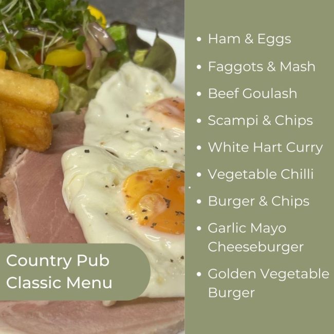 Classic pub meals served for lunch at The White Hart Inn at Trudoxhill, Near Frome, Traditional 17th century pub, famous for good homecooked food, real ale, fine wines and good company