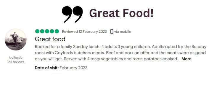 “Great Food!” review for White Hart Inn at Trudoxhill, Near Frome, Traditional 17th century pub, famous for good homecooked food, real ale, fine wines and good company White Hart Inn at Trudoxhill, Near Frome, Traditional 17th century pub, famous for good homecooked food, real ale, fine wines and good company