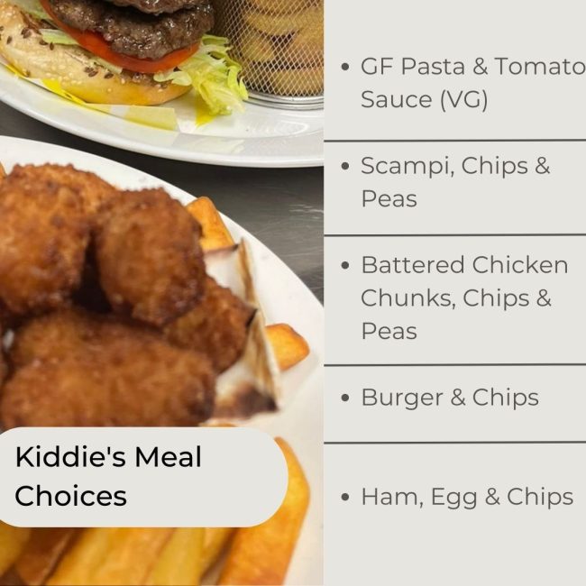 Kiddies meal choices at The White Hart Inn at Trudoxhill, Near Frome, Traditional 17th century pub, famous for good homecooked food, real ale, fine wines and good company