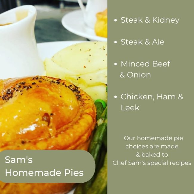 Sam's popular home baked Pies at The White Hart Inn at Trudoxhill, Near Frome, Traditional 17th century pub, famous for good homecooked food, real ale, fine wines and good company
