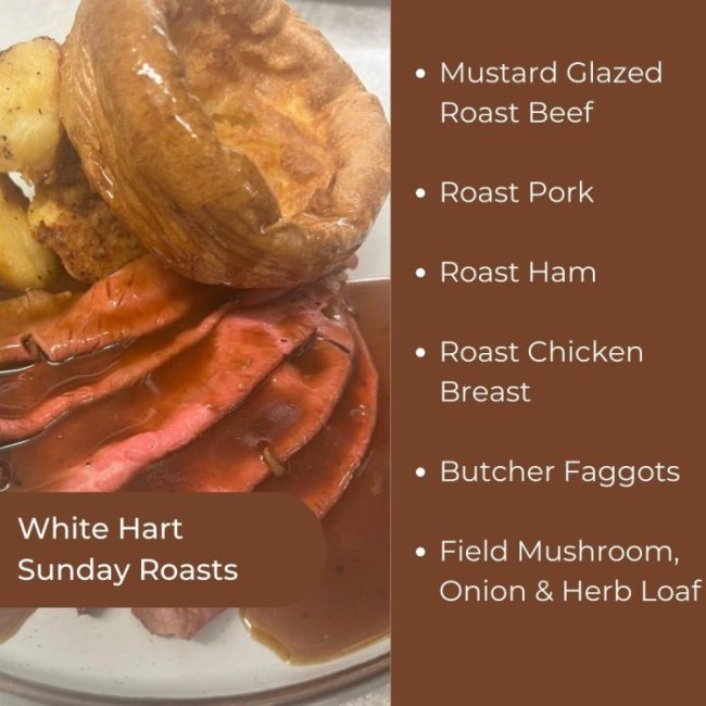 Sunday Roasts & More at White Hart Inn at Trudoxhill, Near Frome, Traditional 17th century pub, famous for good homecooked food, real ale, fine wines and good company