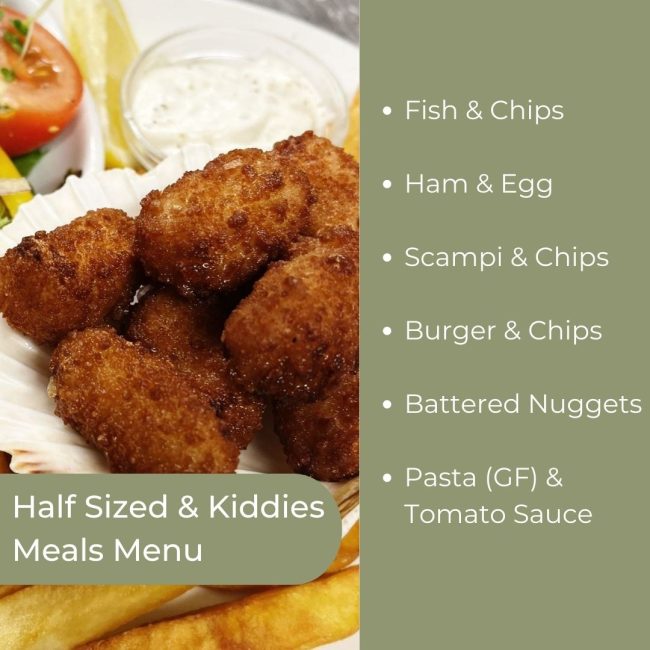 Half sized and kiddies meals served at lunch at The White Hart Inn at Trudoxhill, Near Frome, Traditional 17th century pub, famous for good homecooked food, real ale, fine wines and good company